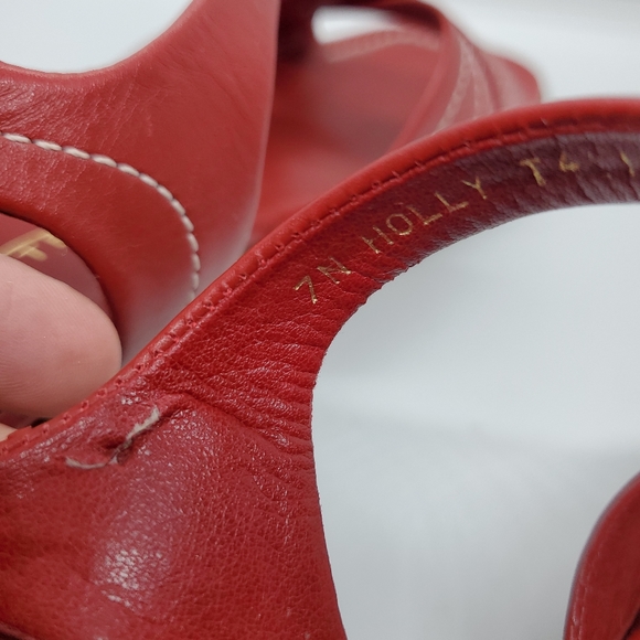 Vintage 90s Trotters Red Leather Stacked wood heel Square open Toe Sandals 7N - Picture 7 of 7